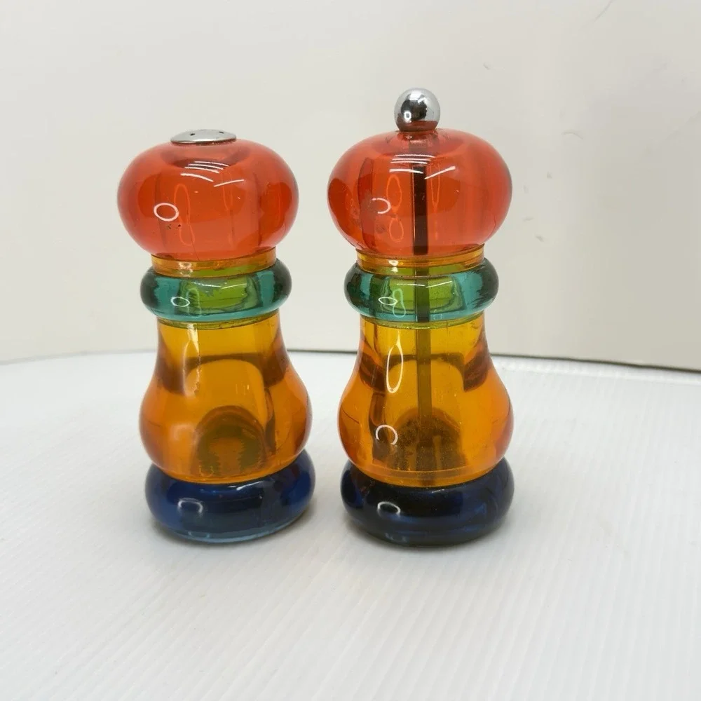 Vintage 1980s Olde Thompson Sunset Fiesta Lucite Salt & Pepper Mill Set MCM, USA